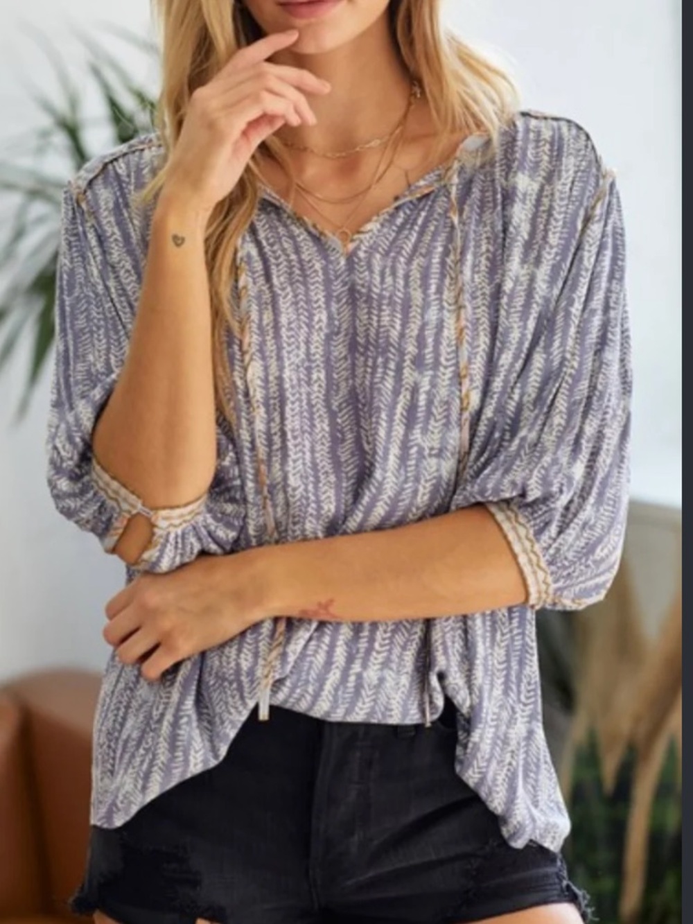 Doe & Rae Womens Lightweight Flowy Boho Print Peasant Blouse Large L